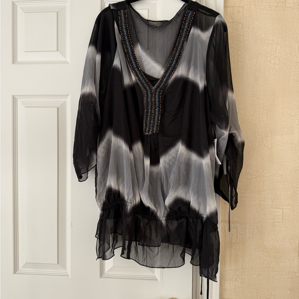 Black and White Tunic with Beaded Neckline . Great Beach Cover up .